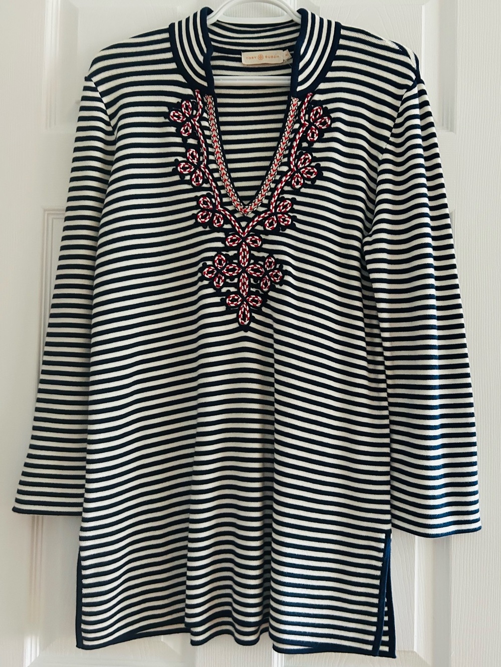 Tory Burch Navy & White Striped Tunic with Red Embroidered V-Neck Detail